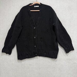 Zara Cardigan Sweater Mens Large Black Distressed Button Front Knit Grunge